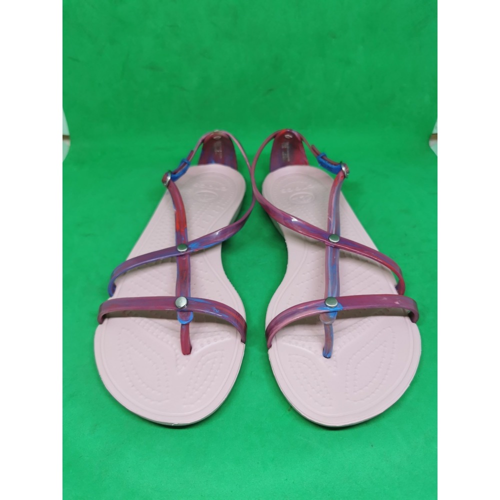 CROCS Size 7 Really Sexi Thong Pink Marble Studded Strappy Sandals Comfort Flat